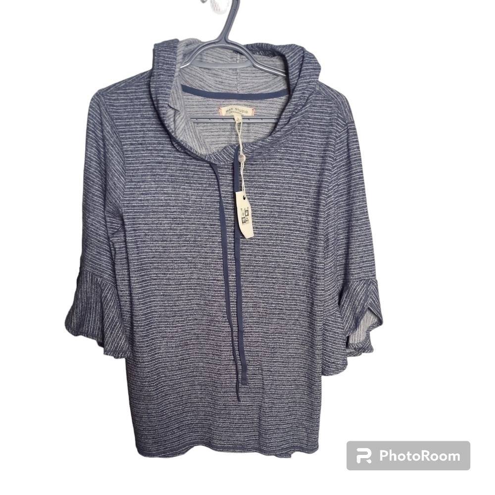 Max Studio Blue Striped Bell Sleeve Hoodie Size L‎ New